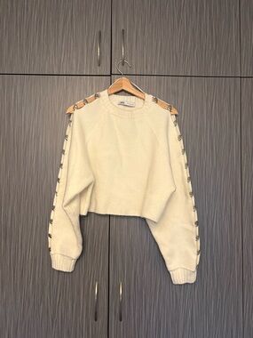 Zara Cropped OffWhite Sweater with Cutout Sleeves Silver Accents